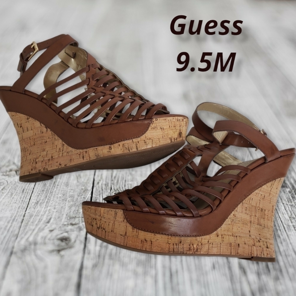 Guess Cage Gladiator Platform Cork Wedge Sandals 9.5 EUC Brown Natural